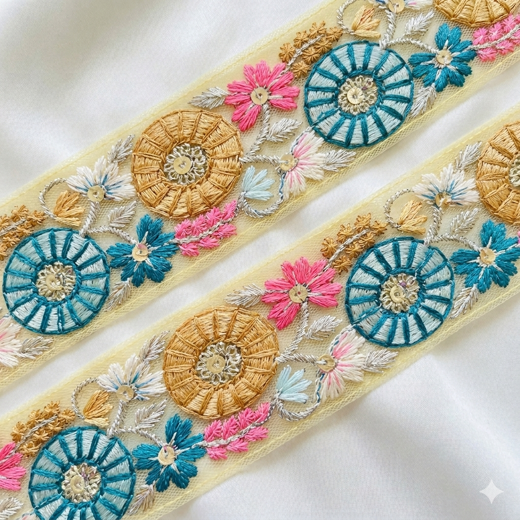 Handcrafted Floral Embroidered Lace Trim with Circular Motif Detailing