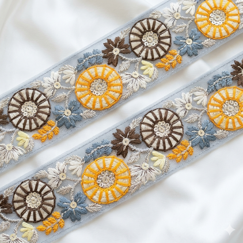 Handcrafted Floral Embroidered Lace Trim with Circular Motif Detailing