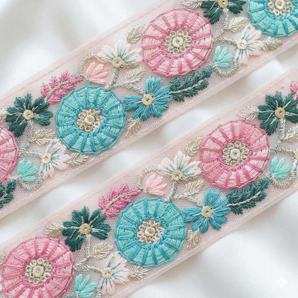 Handcrafted Floral Embroidered Lace Trim with Circular Motif Detailing