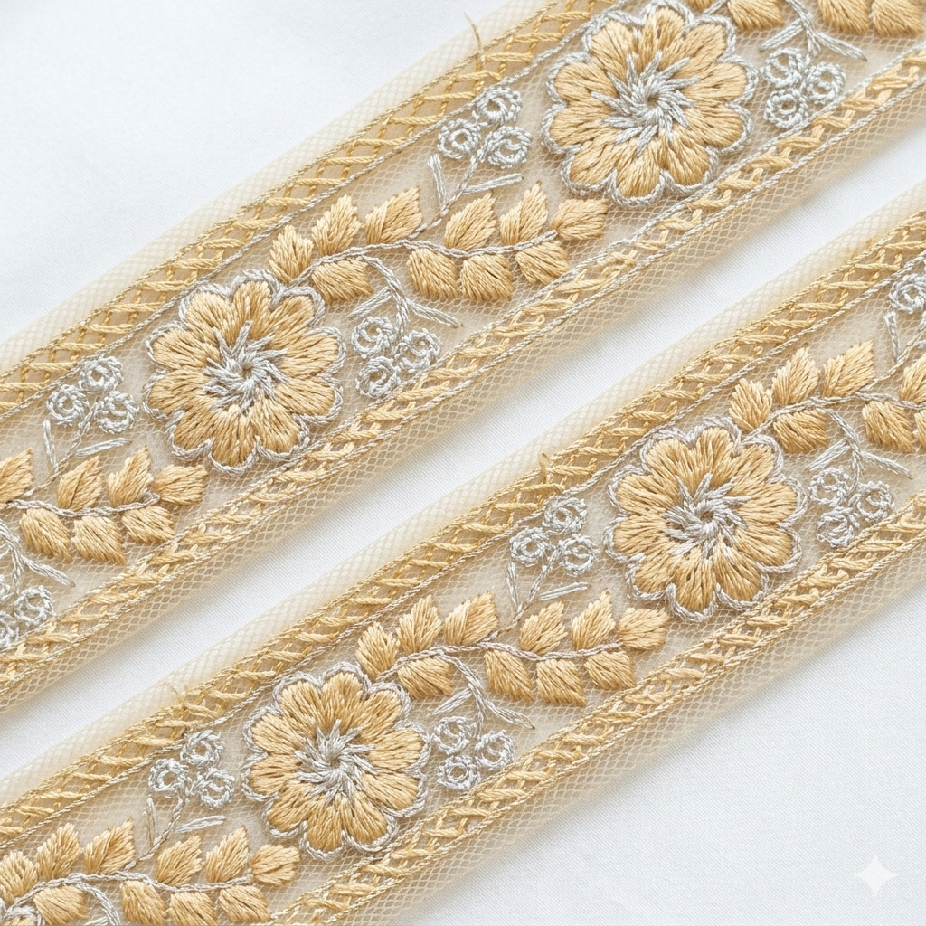 Floral Embroidered Net Lace Border Trim for Ethnic and Designer Wear