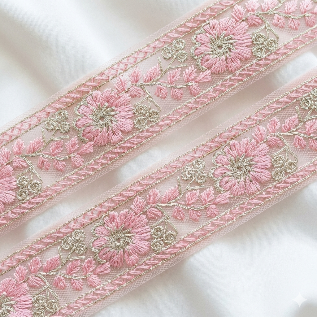 Floral Embroidered Net Lace Border Trim for Ethnic and Designer Wear