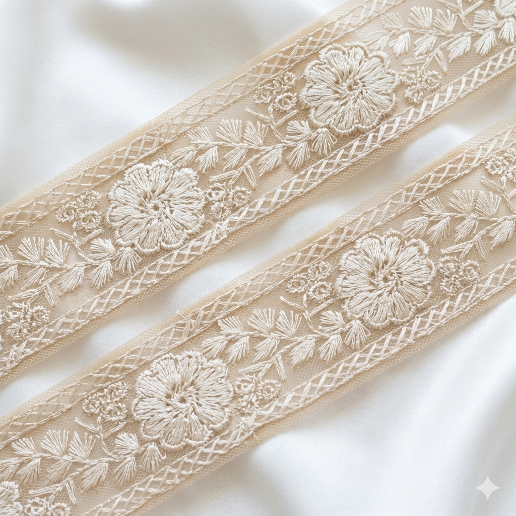 Floral Embroidered Net Lace Border Trim for Ethnic and Designer Wear