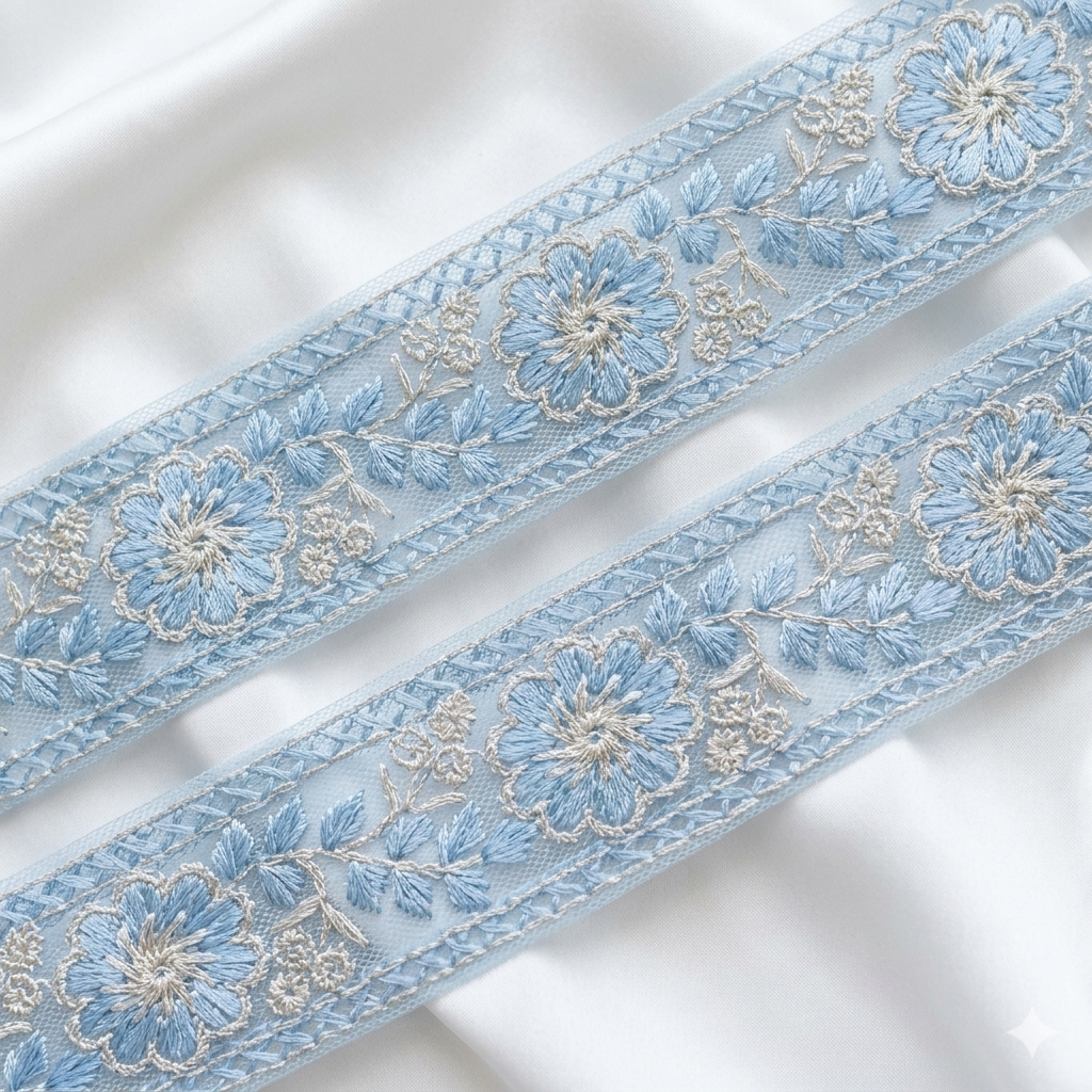 Floral Embroidered Net Lace Border Trim for Ethnic and Designer Wear