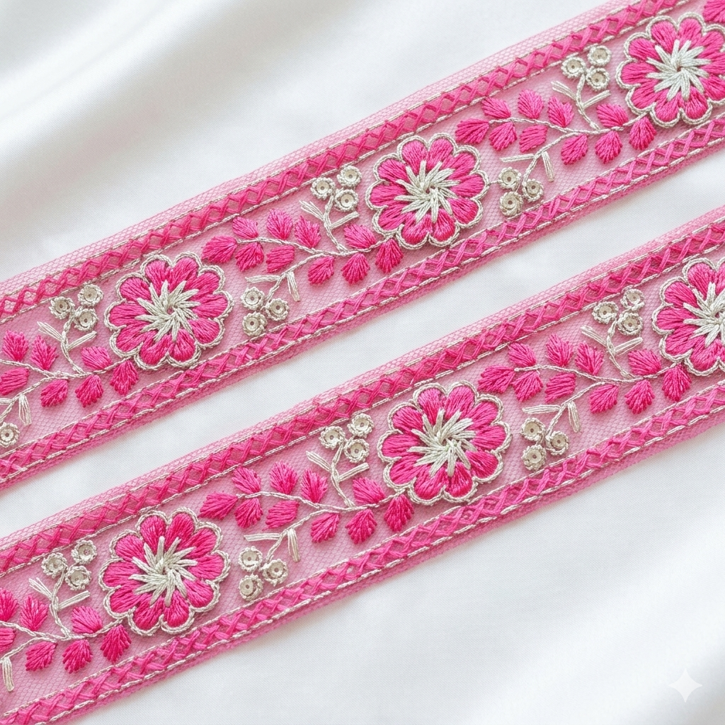 Floral Embroidered Net Lace Border Trim for Ethnic and Designer Wear
