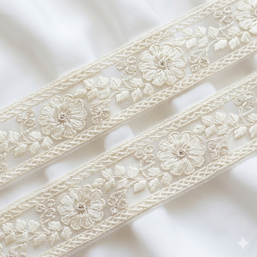 Floral Embroidered Net Lace Border Trim for Ethnic and Designer Wear