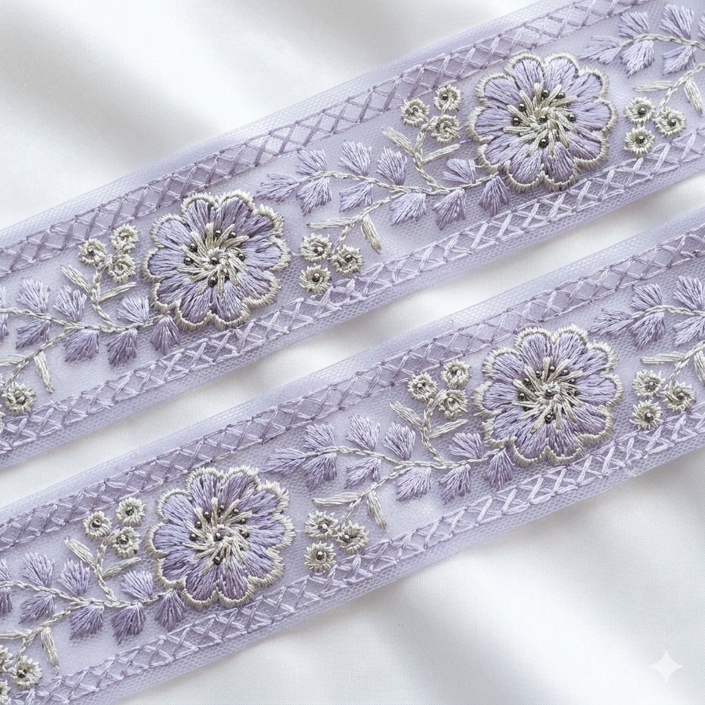 Floral Embroidered Net Lace Border Trim for Ethnic and Designer Wear