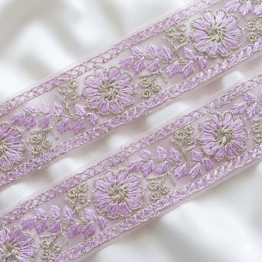 Floral Embroidered Net Lace Border Trim for Ethnic and Designer Wear