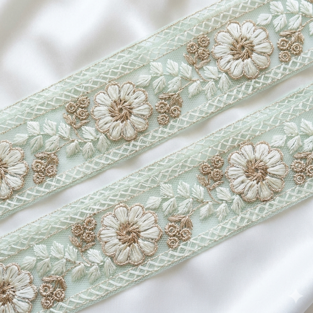 Floral Embroidered Net Lace Border Trim for Ethnic and Designer Wear