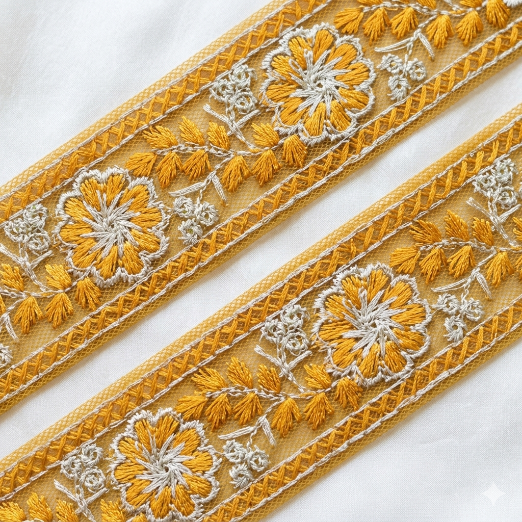 Floral Embroidered Net Lace Border Trim for Ethnic and Designer Wear