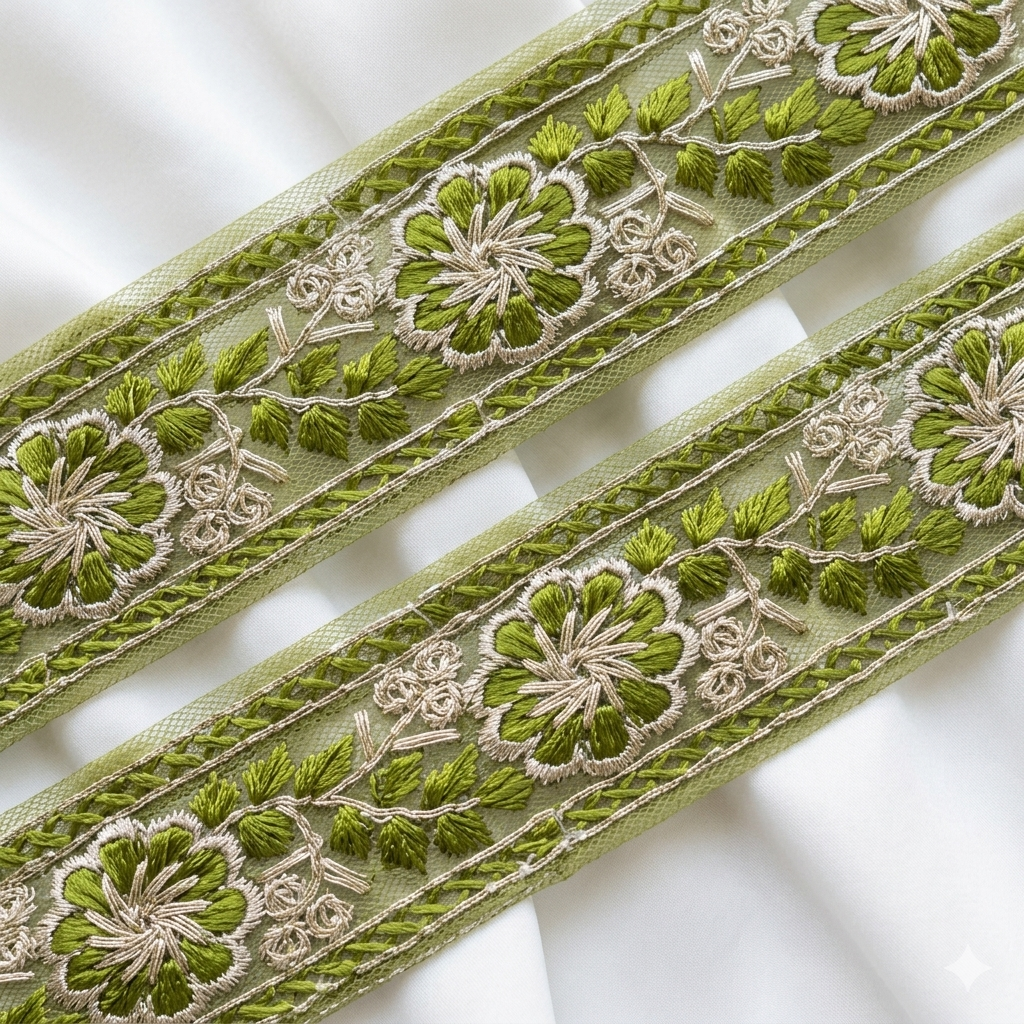 Floral Embroidered Net Lace Border Trim for Ethnic and Designer Wear