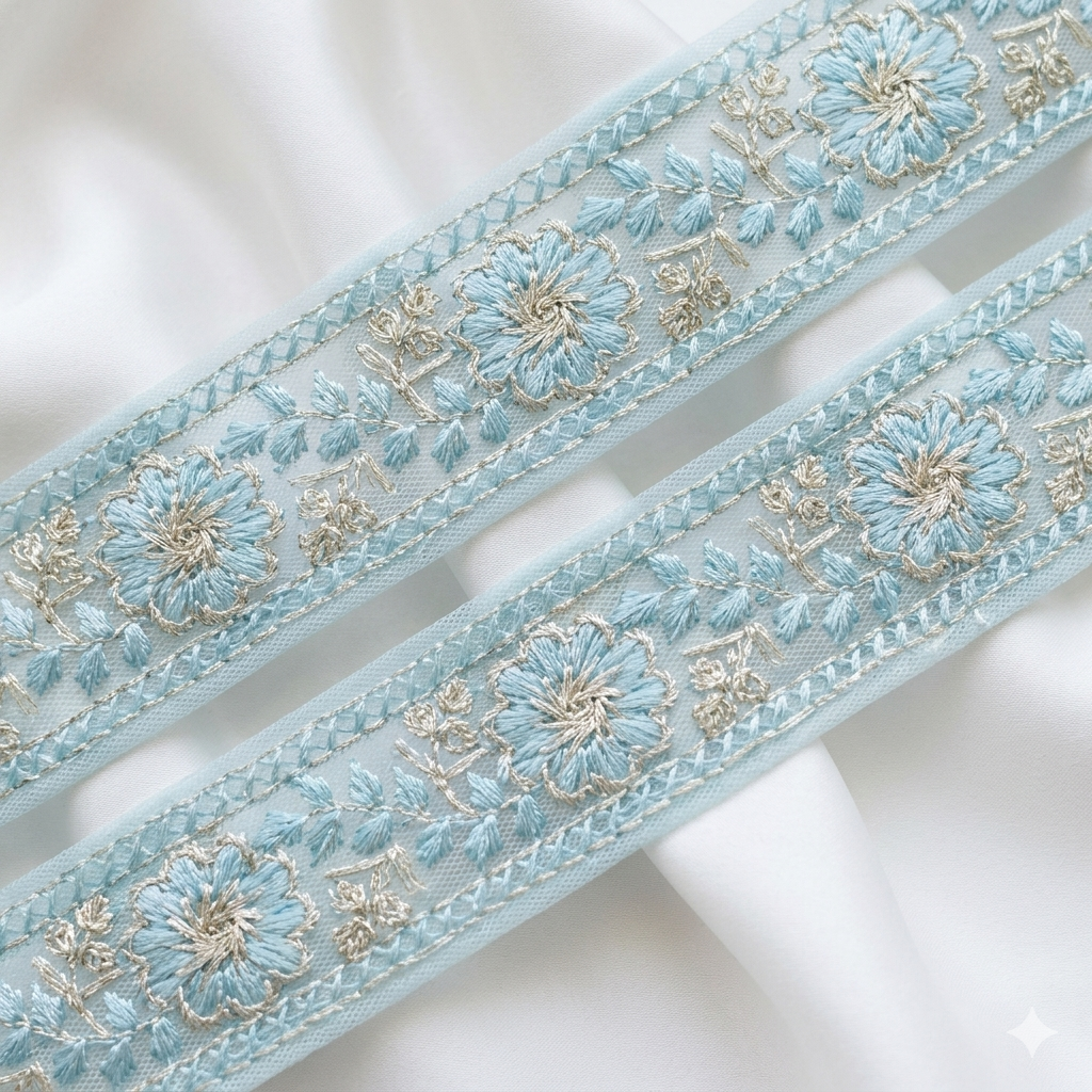 Floral Embroidered Net Lace Border Trim for Ethnic and Designer Wear