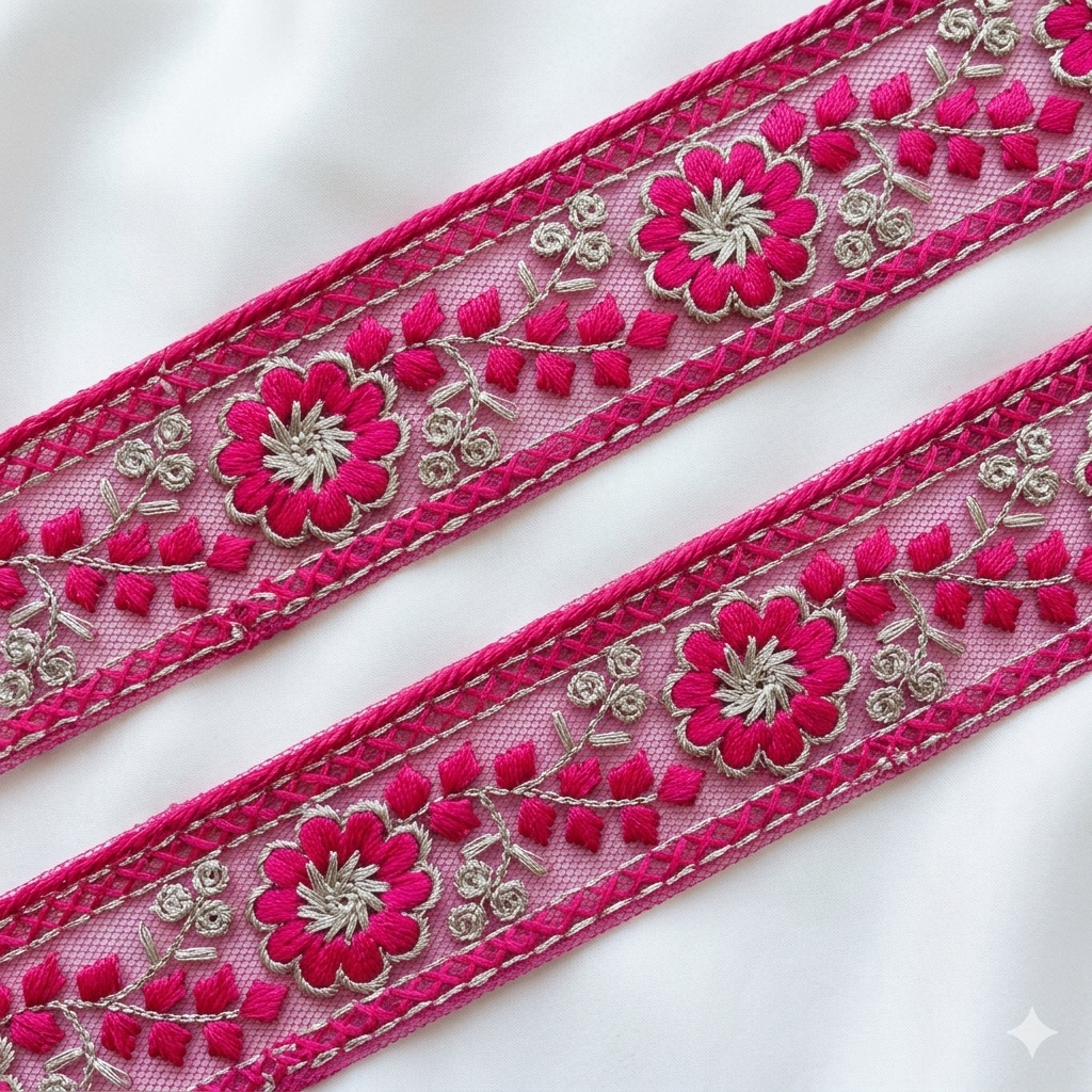Floral Embroidered Net Lace Border Trim for Ethnic and Designer Wear