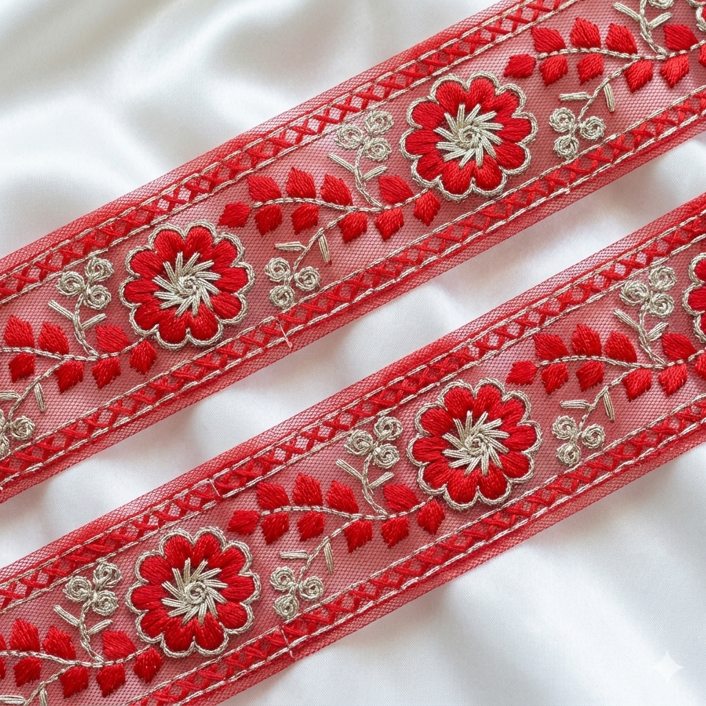 Floral Embroidered Net Lace Border Trim for Ethnic and Designer Wear