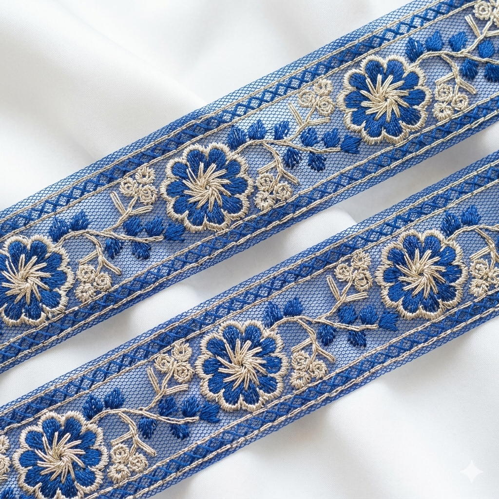 Floral Embroidered Net Lace Border Trim for Ethnic and Designer Wear