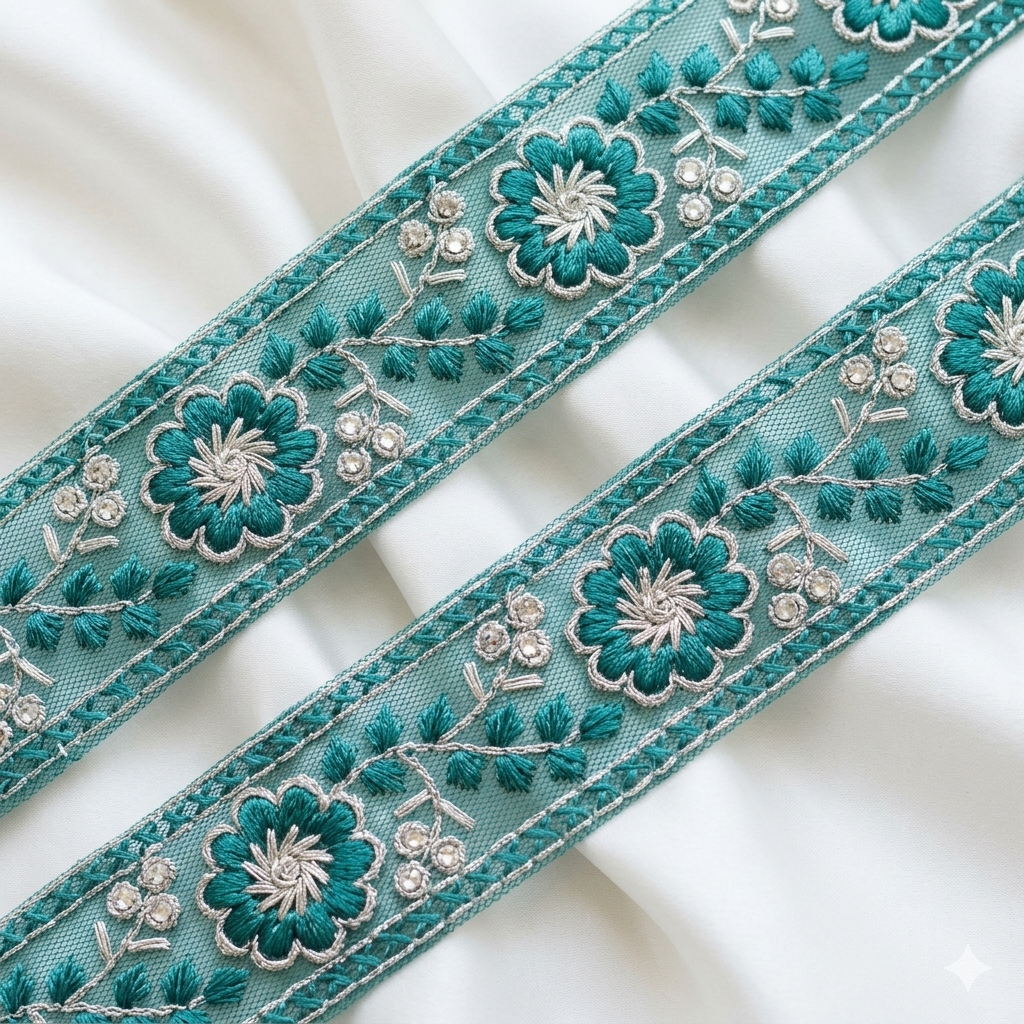 Floral Embroidered Net Lace Border Trim for Ethnic and Designer Wear