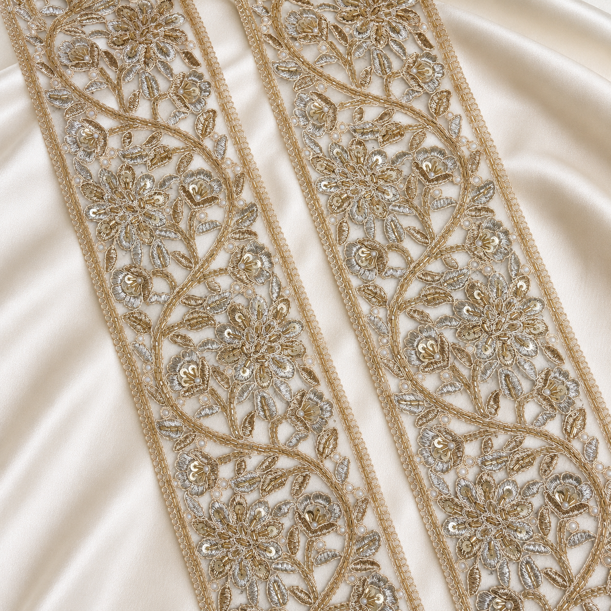Floral Vine Embroidered Lace Border with Cutdana Detailing