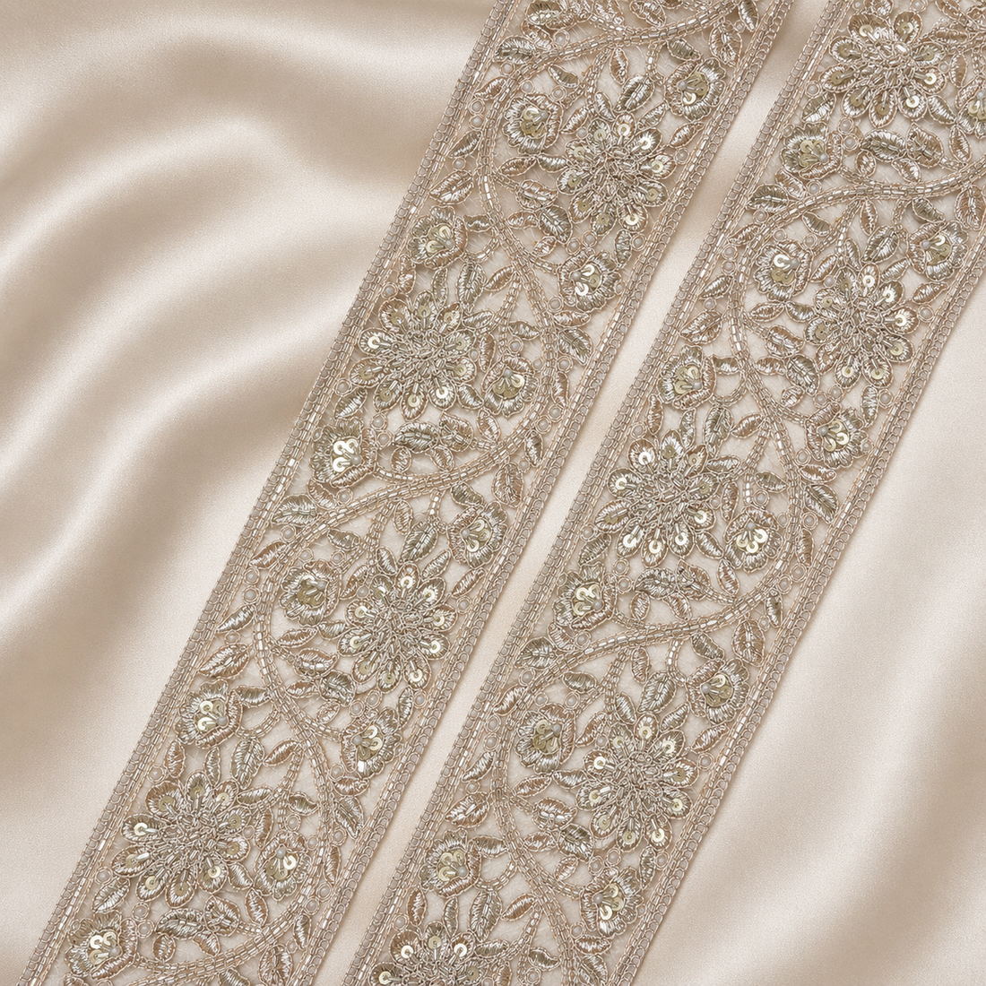 Floral Vine Embroidered Lace Border with Cutdana Detailing