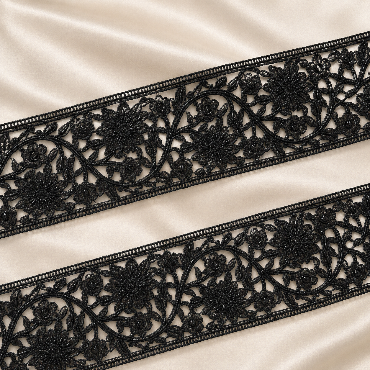 Floral Vine Embroidered Lace Border with Cutdana Detailing