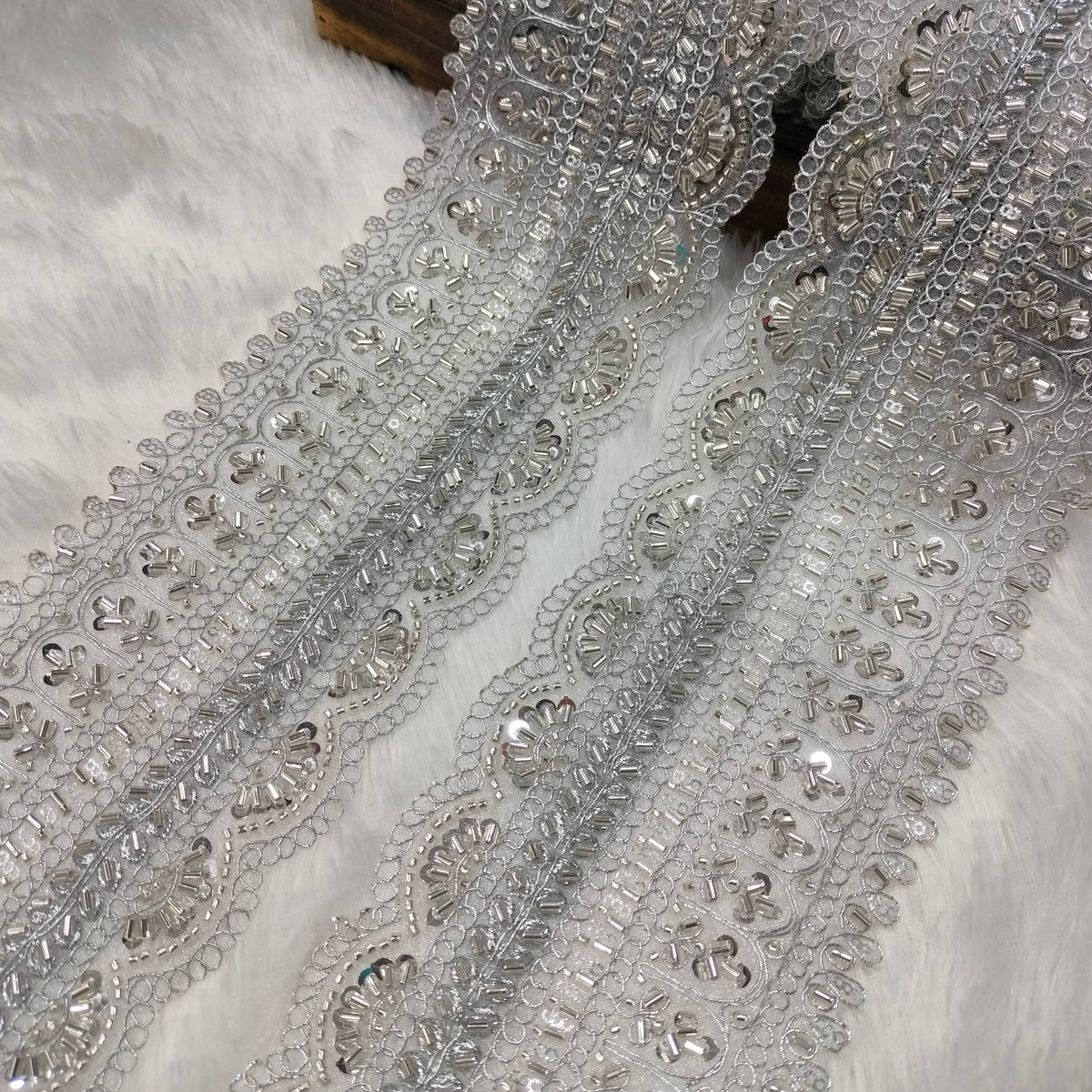 Scalloped Floral Bugle Bead and Sequin Embroidered Wide Lace Border