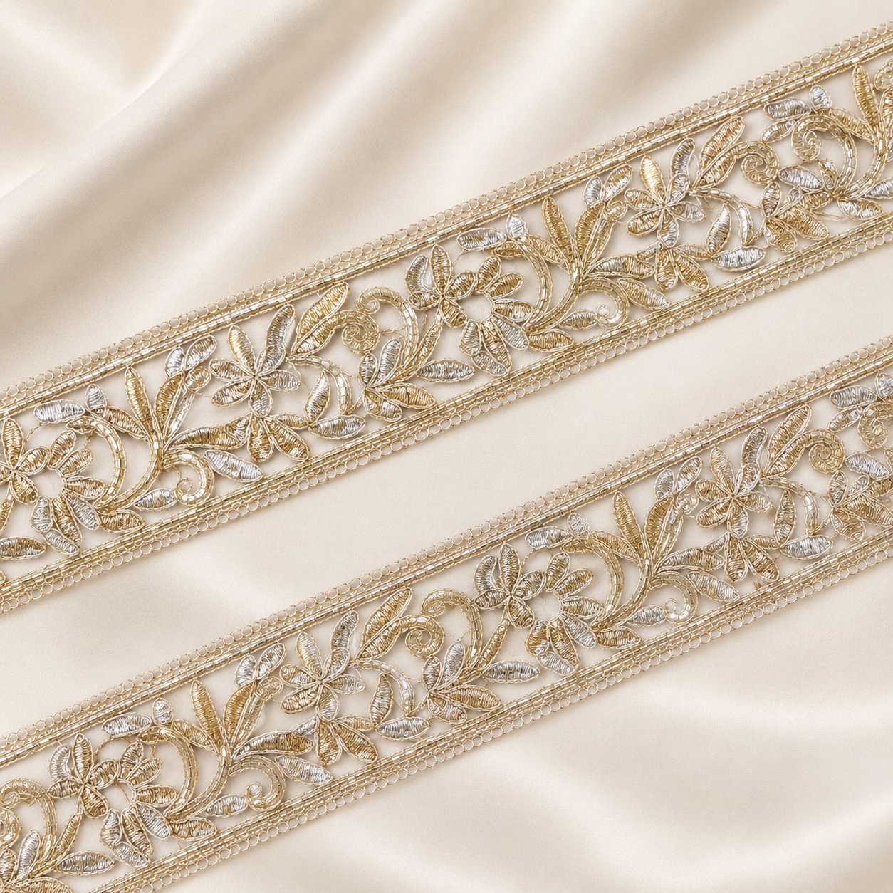 Floral Vine Embroidered Lace Border with Cutdana Detailing