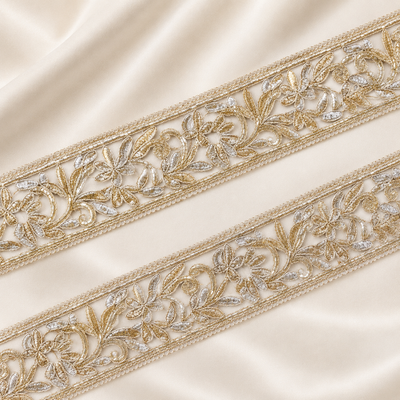 Floral Vine Embroidered Lace Border with Cutdana Detailing