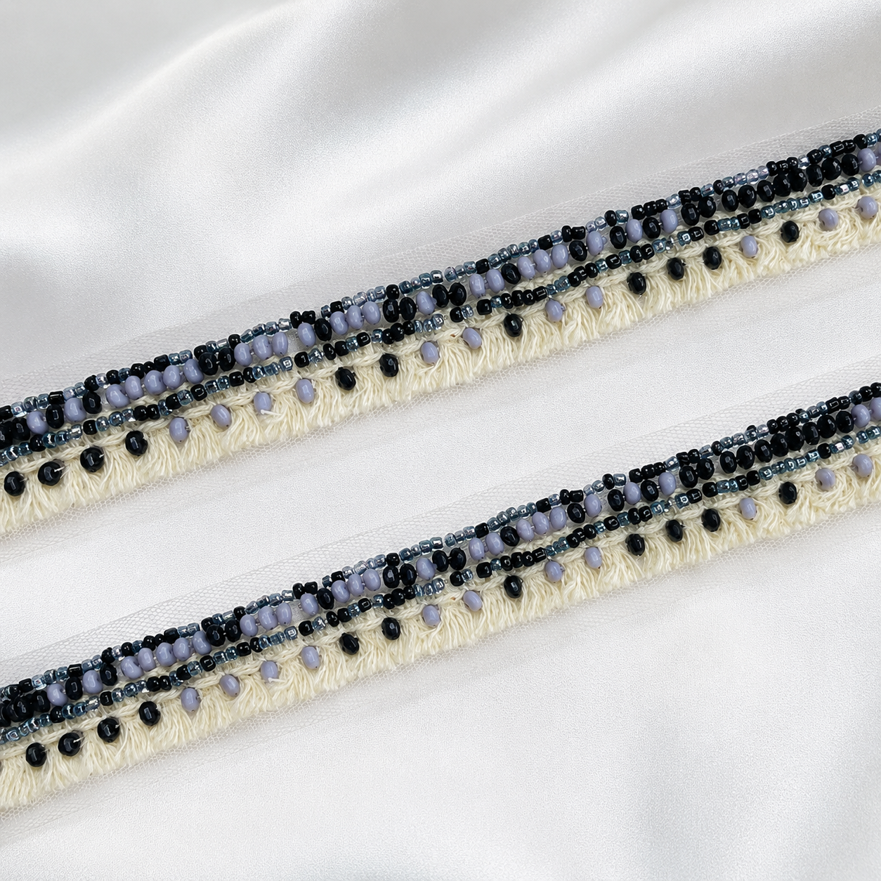 Beaded Net Lace Trim with Textured Edging