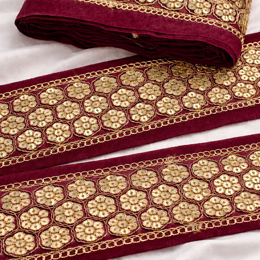 Floral Sequin Embroidered Lace Trim Border for Ethnic, Festive & Bridal Wear