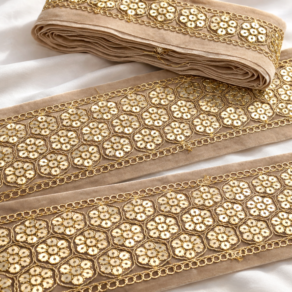 Floral Sequin Embroidered Lace Trim Border for Ethnic, Festive & Bridal Wear