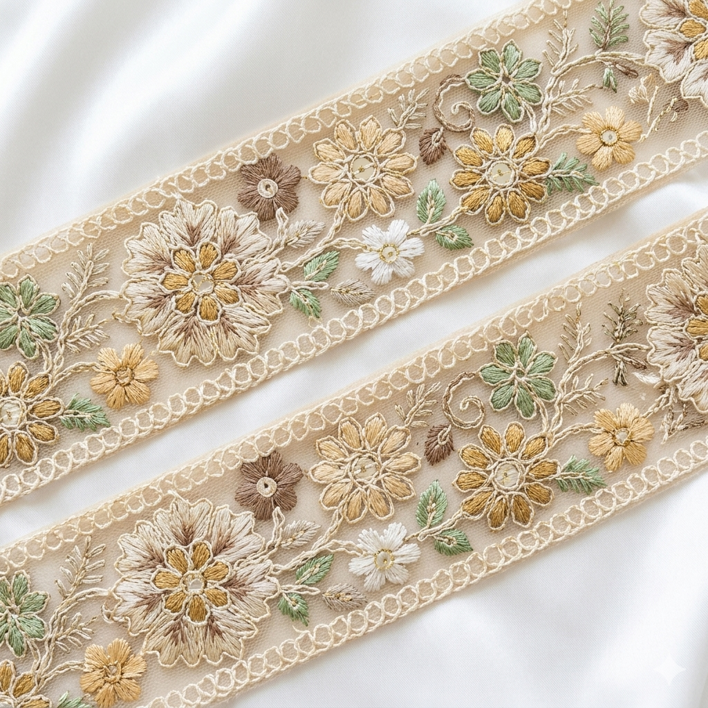 Handcrafted Floral Embroidered Lace Trim with Delicate Vine Border