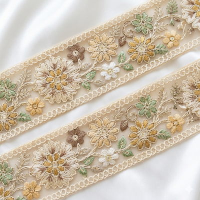 Handcrafted Floral Embroidered Lace Trim with Delicate Vine Border hover