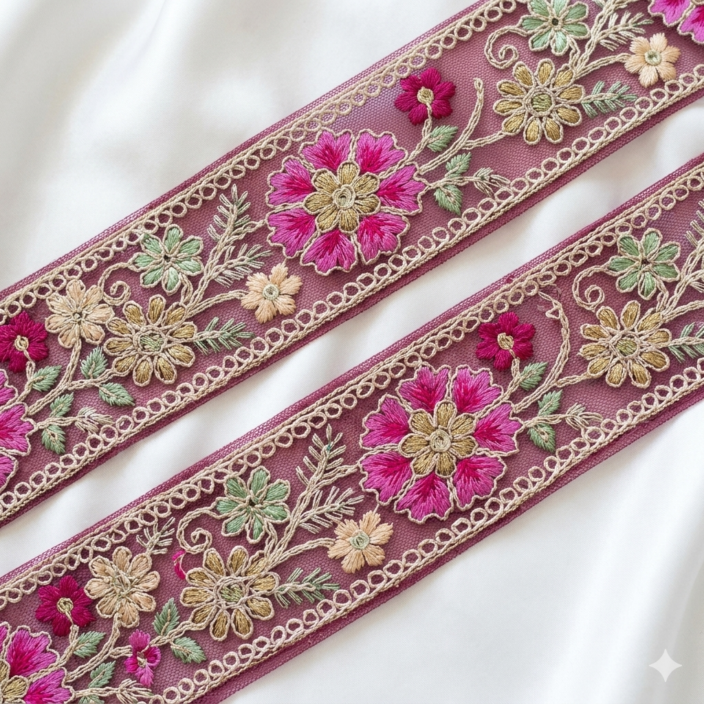 Handcrafted Floral Embroidered Lace Trim with Delicate Vine Border
