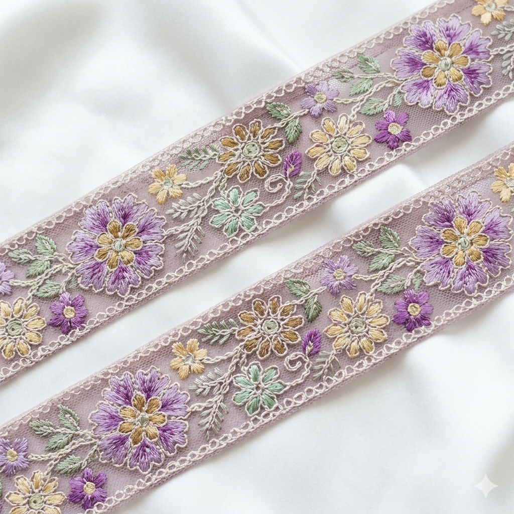 Handcrafted Floral Embroidered Lace Trim with Delicate Vine Border