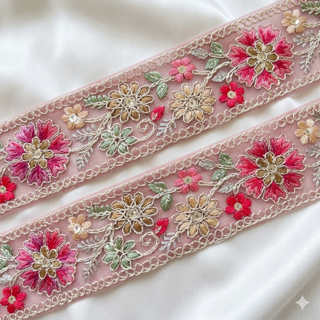 Handcrafted Floral Embroidered Lace Trim with Delicate Vine Border
