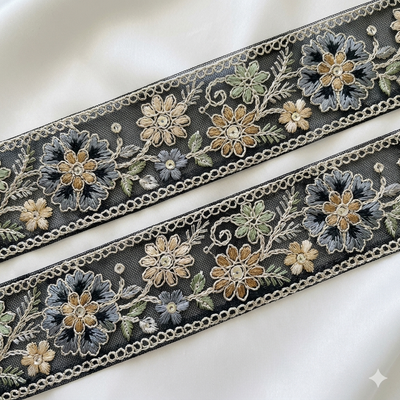 Handcrafted Floral Embroidered Lace Trim with Delicate Vine Border