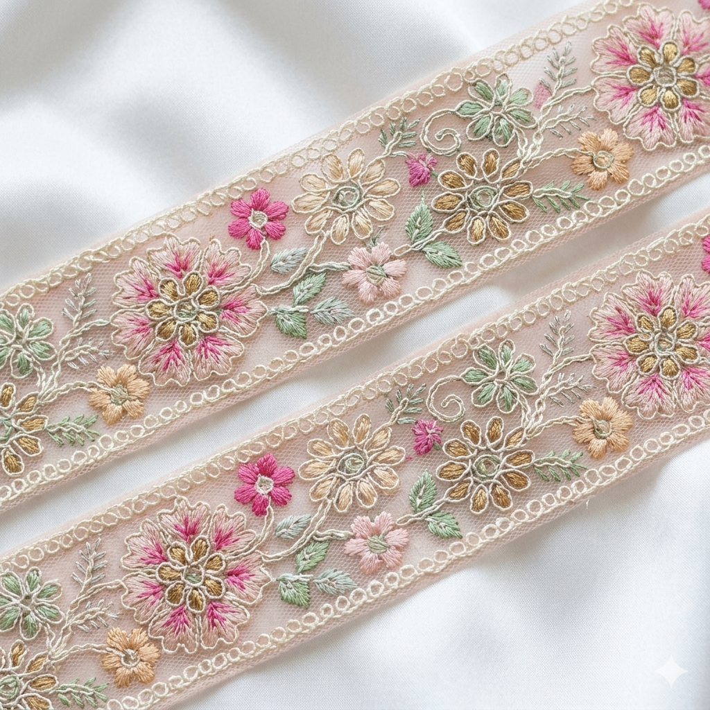 Handcrafted Floral Embroidered Lace Trim with Delicate Vine Border