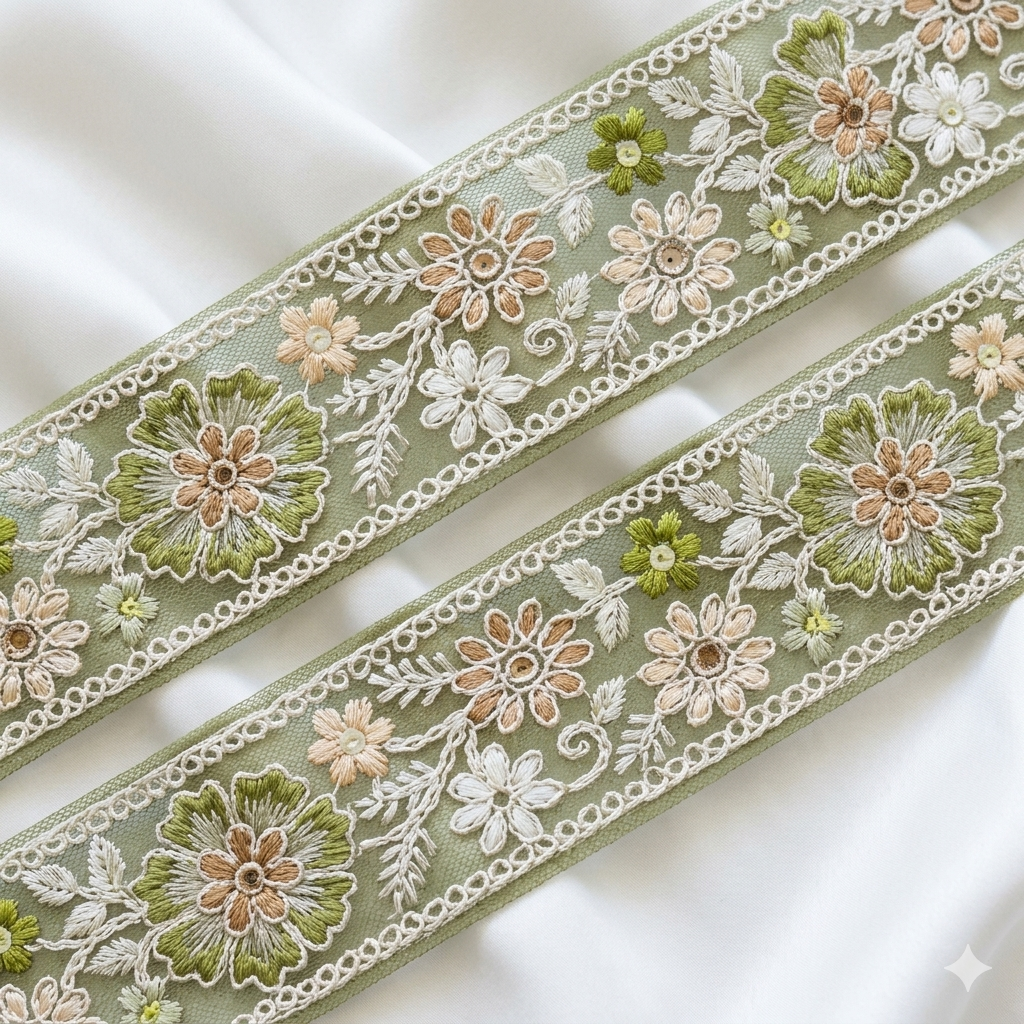 Handcrafted Floral Embroidered Lace Trim with Delicate Vine Border