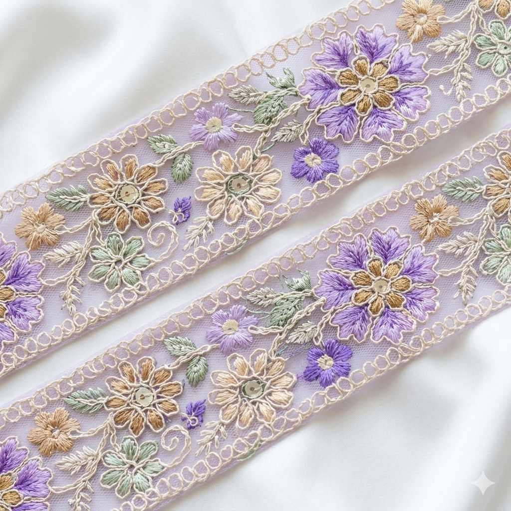 Handcrafted Floral Embroidered Lace Trim with Delicate Vine Border