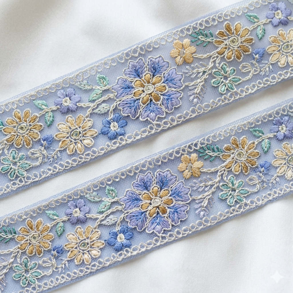 Handcrafted Floral Embroidered Lace Trim with Delicate Vine Border