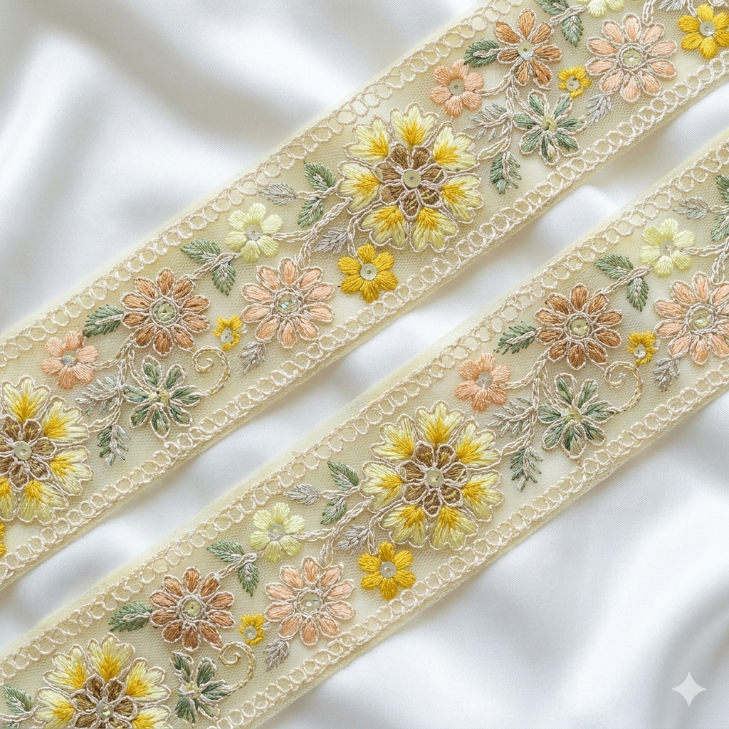 Handcrafted Floral Embroidered Lace Trim with Delicate Vine Border