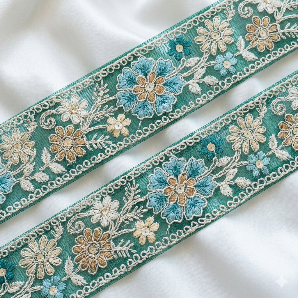 Handcrafted Floral Embroidered Lace Trim with Delicate Vine Border