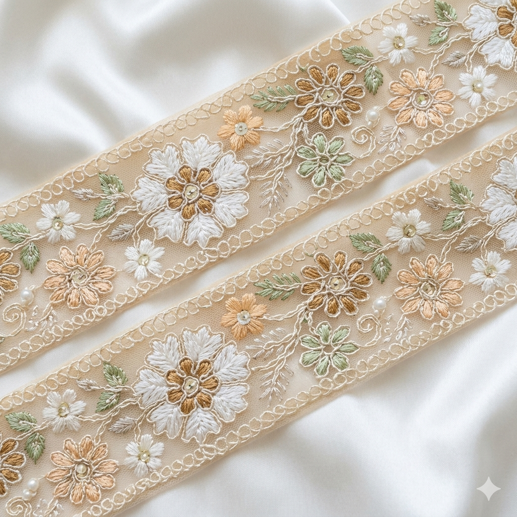 Handcrafted Floral Embroidered Lace Trim with Delicate Vine Border