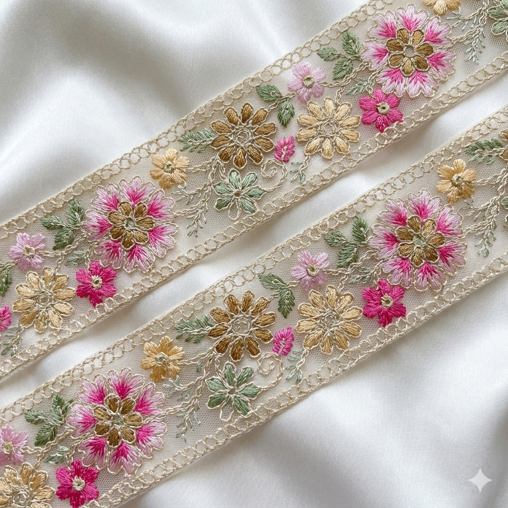 Handcrafted Floral Embroidered Lace Trim with Delicate Vine Border