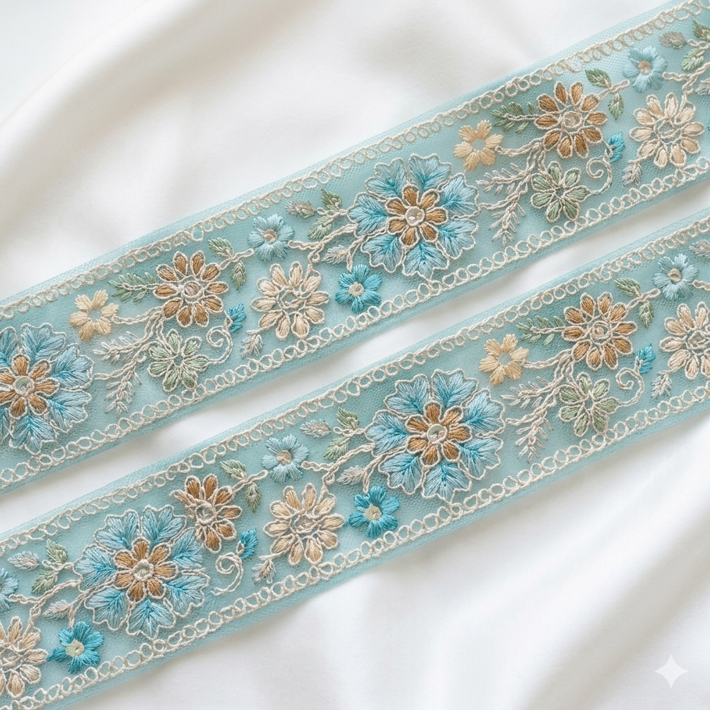 Handcrafted Floral Embroidered Lace Trim with Delicate Vine Border