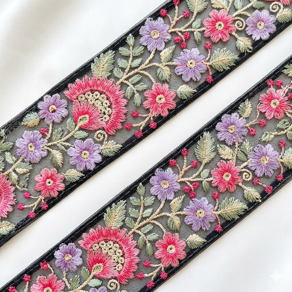 Handcrafted Floral Embroidered Lace Trim with Sequin Detailing