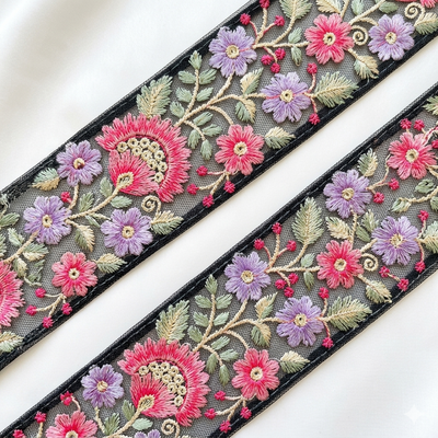 Handcrafted Floral Embroidered Lace Trim with Sequin Detailing hover