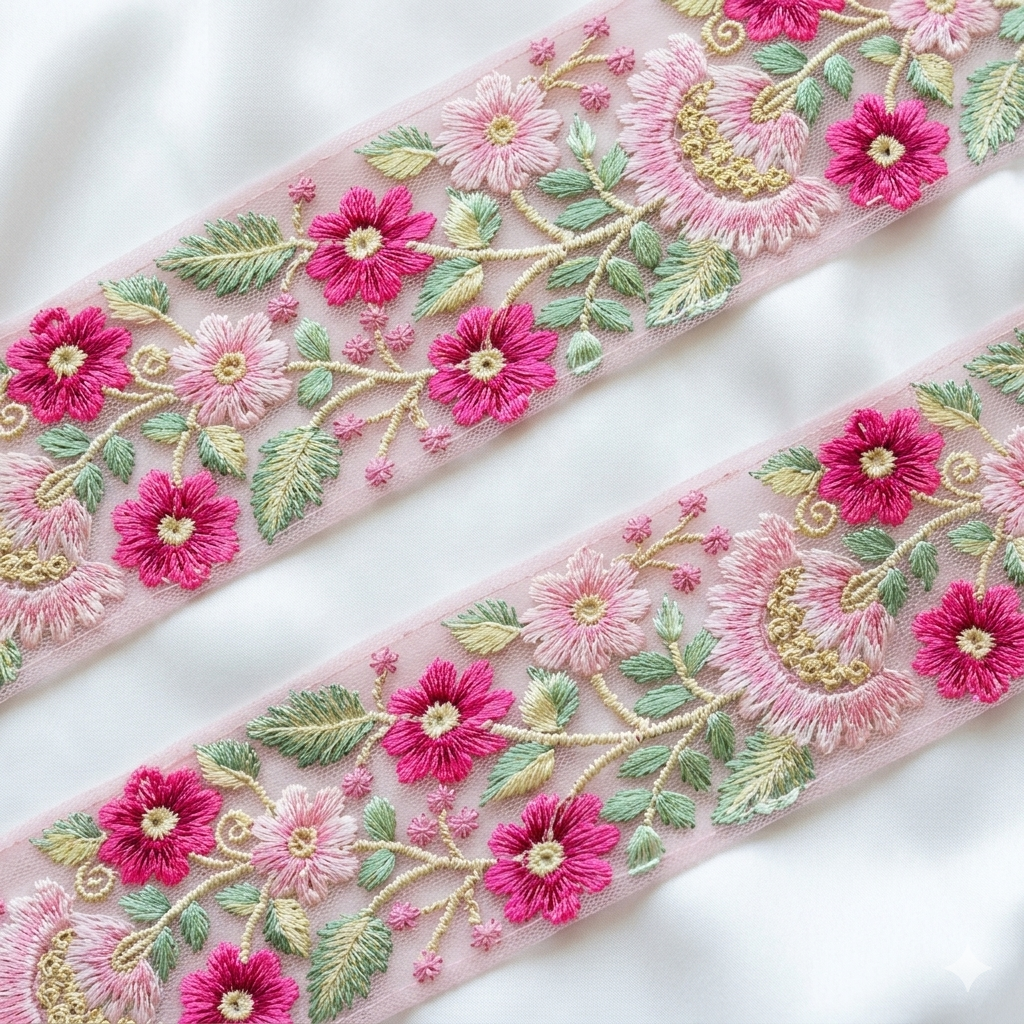 Handcrafted Floral Embroidered Lace Trim with Sequin Detailing