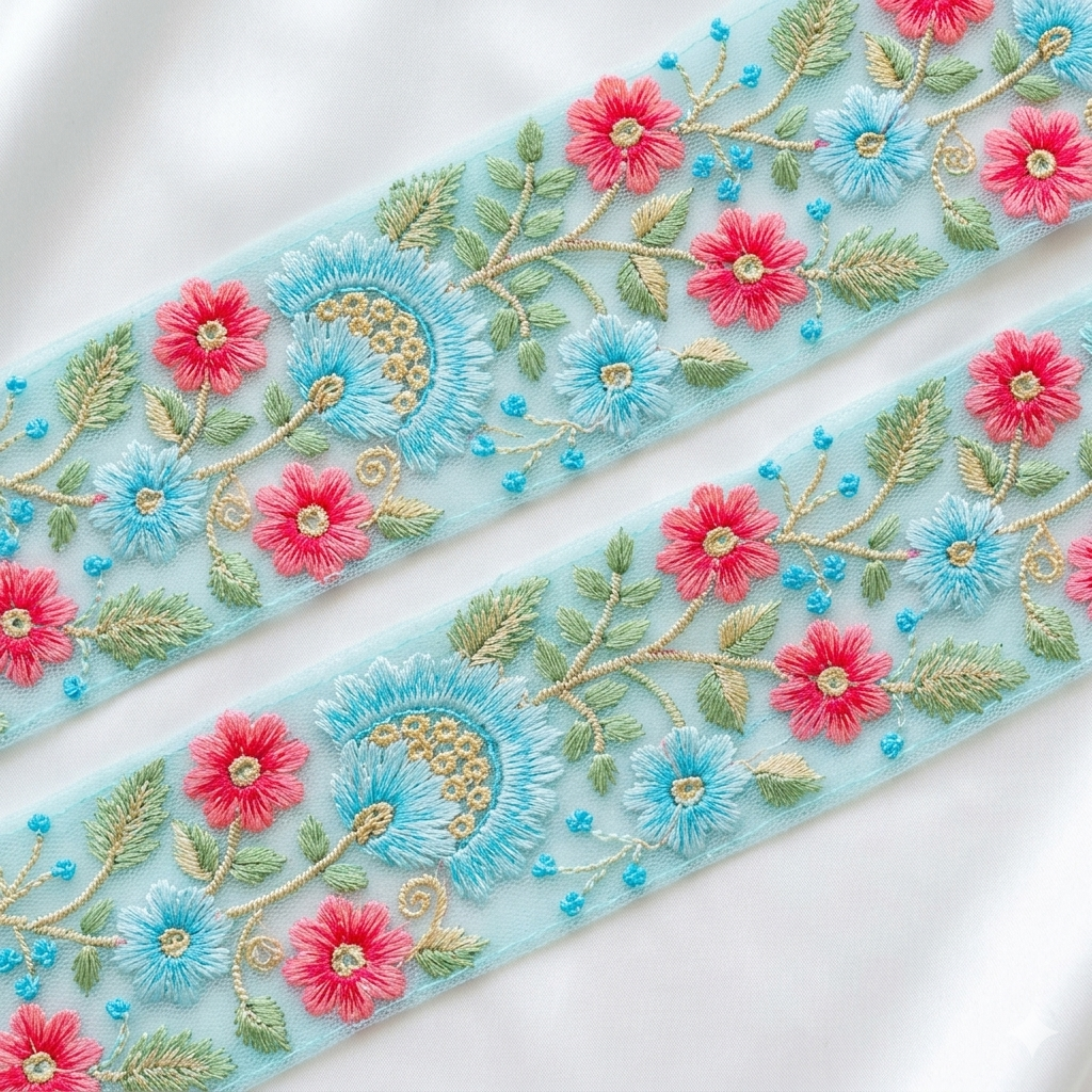 Handcrafted Floral Embroidered Lace Trim with Sequin Detailing