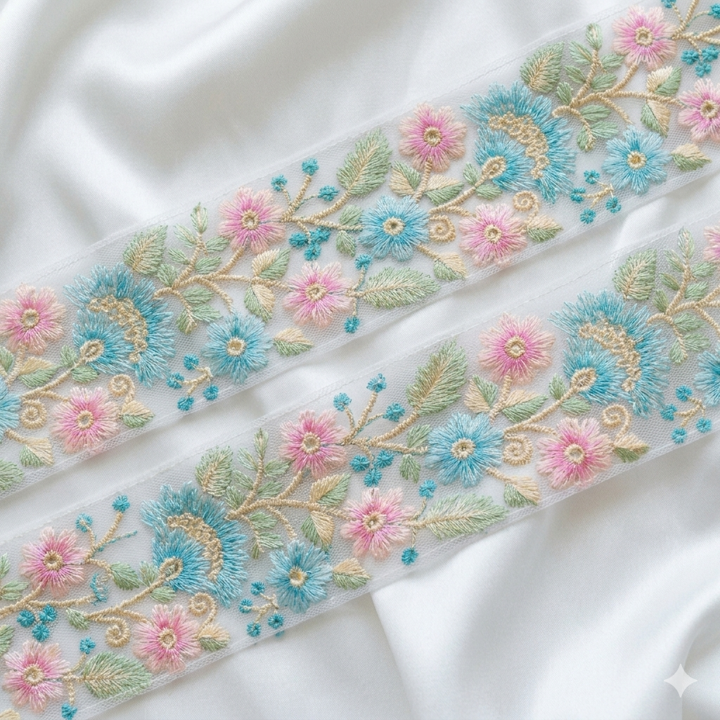 Handcrafted Floral Embroidered Lace Trim with Sequin Detailing