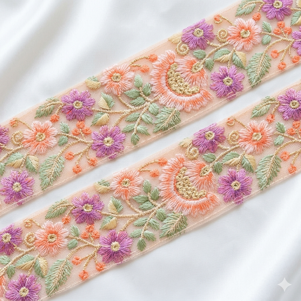 Handcrafted Floral Embroidered Lace Trim with Sequin Detailing
