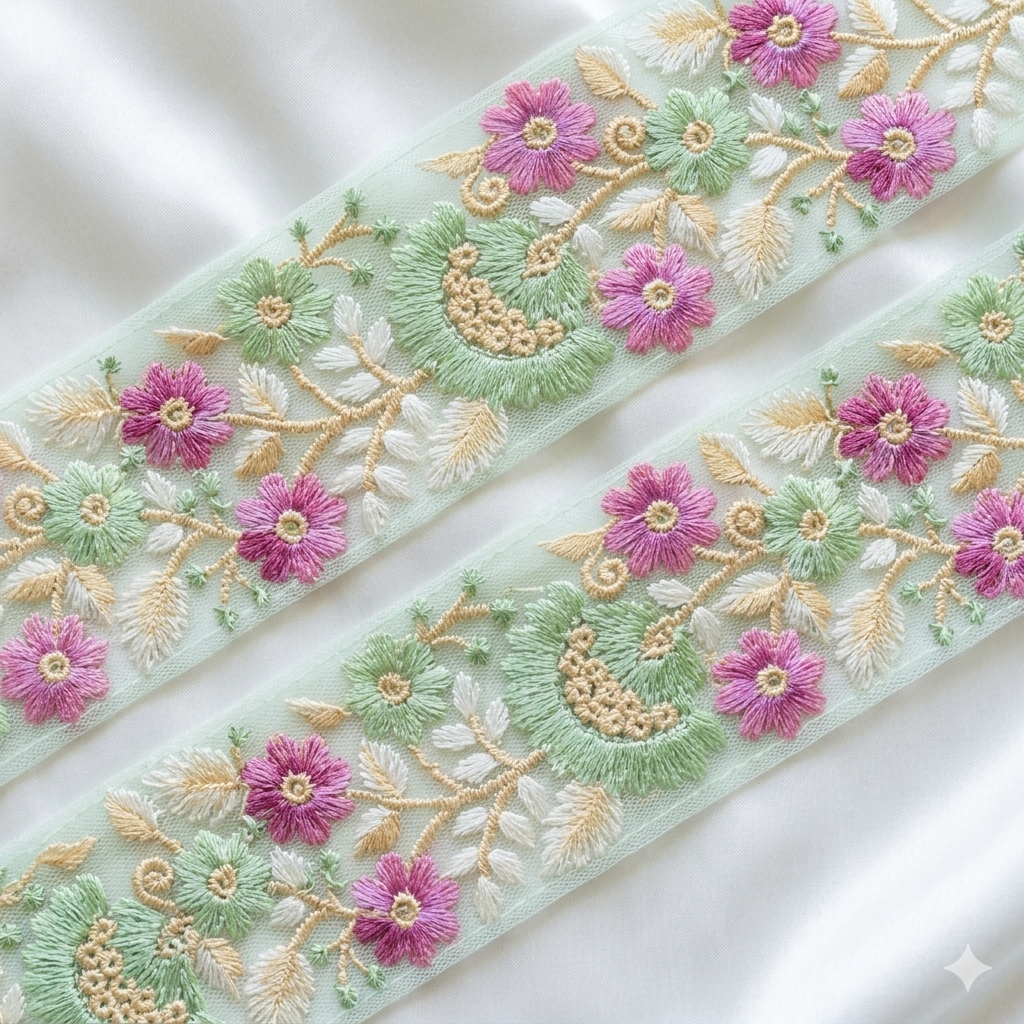 Handcrafted Floral Embroidered Lace Trim with Sequin Detailing